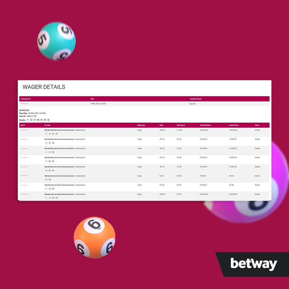 Betway_za's tweet photo. 🚨 Lucky Numbers Big Winner 🚨 

Well done to our lucky punter who scored a big win from the UK 49S 6/49 draw.

Congratulations! 🙌 

You could be our next winner. https://t.co/733tsUPcXD
