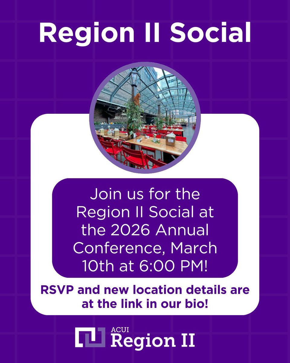 Going to the Annual Conference? Join us on March 10th from 6:00-8:00 PM at the Region II Social! RSVP &amp; location details are in the signupgenius link in our bio! We can't wait to see you there!

#acui #acuiregionii