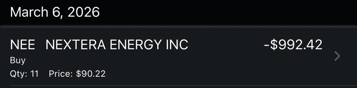 RobGotWings's tweet image. +11 shares of NEE on this rainy Friday. That’s $22 dollars added to my annual income 🙏🏽 #keepfiring
