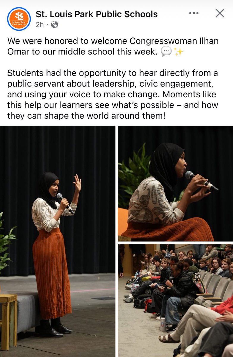 lizcollin's tweet photo. Submitted: The St. Louis Park school district is facing backlash for inviting Congresswoman Ilhan Omar to speak at their middle school.

The district did not return our request for comment on parent concerns. 

One parent wrote to @AlphaNews: 

“No matter what woke liberals care to admit to themselves, this radical Islamist ‘leader’ is the subject of multiple ethics investigations and has had numerous formal complaints filed against her, claiming she’s engaged in election manipulation, ballot harvesting and immigration fraud. I mean, come on.  Oh yeah, and how does someone in public office become a millionaire so quickly, to the point that the Justice Department and Congress are examining her finances? She’s unequivocally benefited from systemic corruption in Minnesota. Her guest was also fined because of her disruption at the recent State of the Union. Is this the example we want for our kids?   This is nothing short of shameful. This district is an embarrassment. I pray these kids weren’t paying a lick of attention to what this fraud said.”