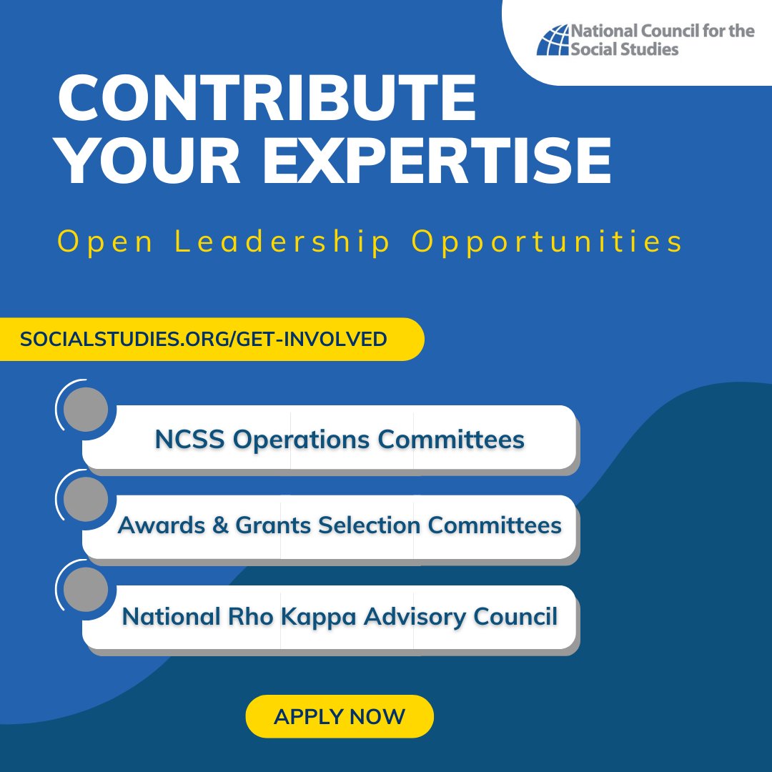 NCSSNetwork's tweet image. 📣 Help shape the future of social studies education! Volunteer for one of the following opportunities:
🔹NCSS Operations Committees
🔹Awards &amp;amp; Grants Selection Committees
🔹National Rho Kappa Advisory Council

➡️ Apply now: hubs.li/Q04506j20 #socialstudies #teacher