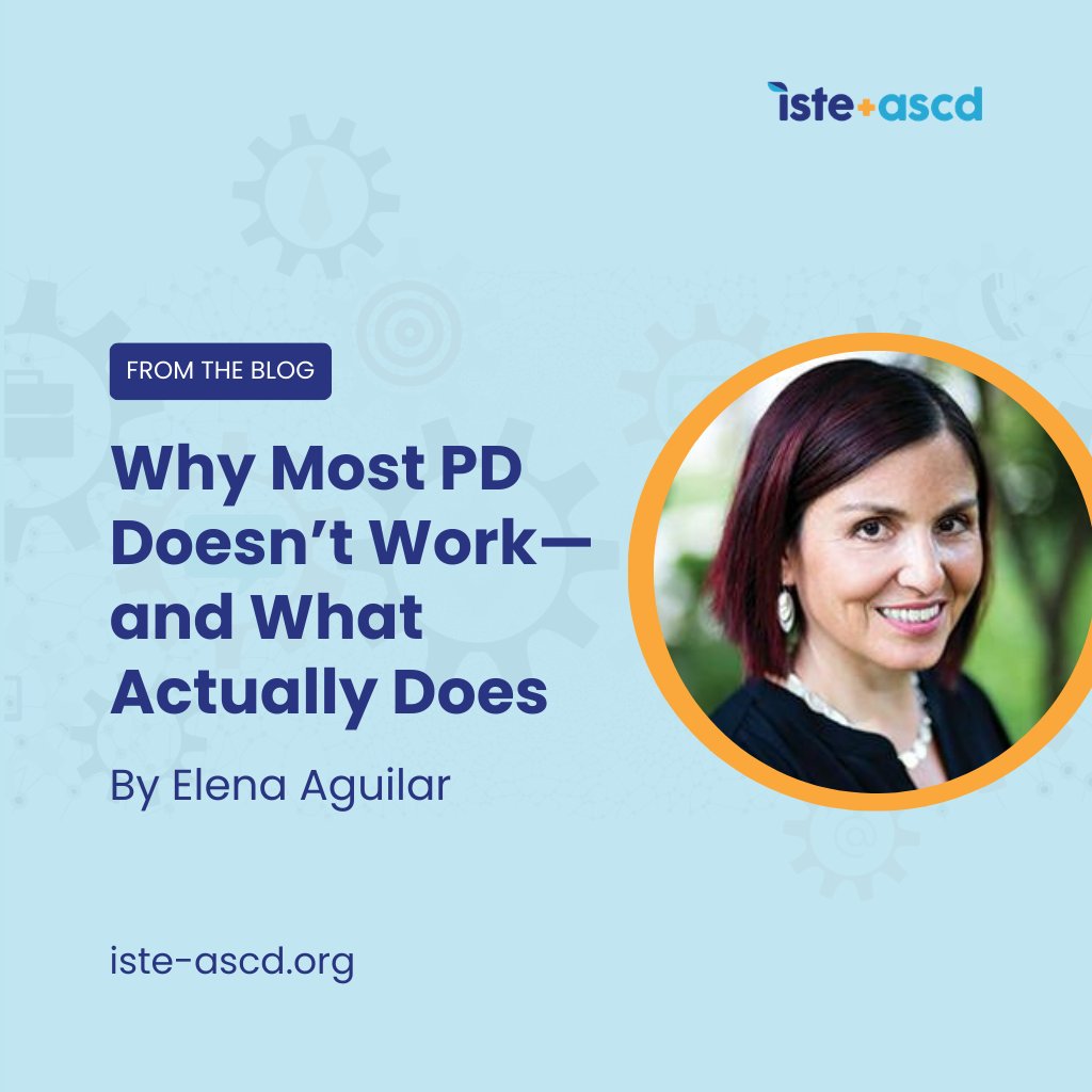 ISTE_ASCD's tweet photo. Most PD doesn’t fail because educators lack commitment. It fails because it ignores the people in the room.
 
In a new article from ISTE+ASCD, Elena Aguilar shares 3 moves that make professional learning stick:
• Know your people 
• Focus on one outcome 
• Build in application
 
https://t.co/9B79xZpgtb