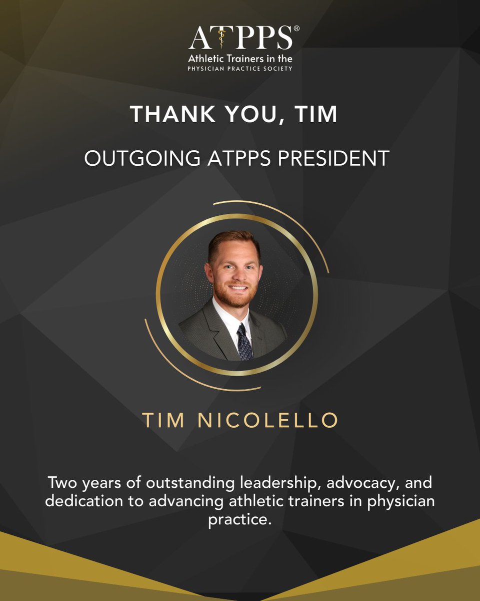 ATPPSociety's tweet photo. Thank you, Tim, for your outstanding leadership as ATPPS President over the past two years. Your advocacy, research, and dedication have advanced athletic trainers in physician practice—and inspired our community. Your impact will last for years. 👏
#ATPPS https://t.co/9ryxtOTffF