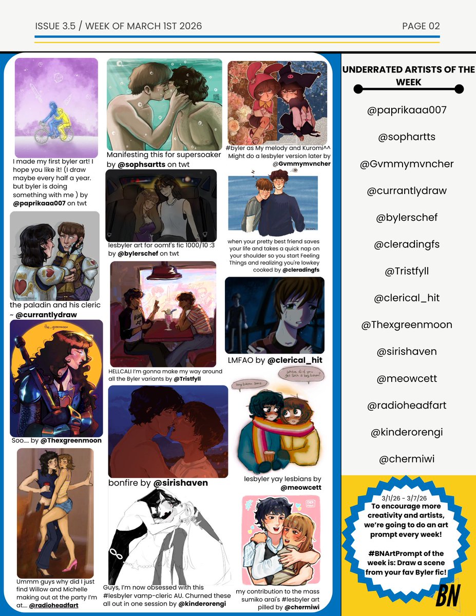 BylerNewsletter's tweet photo. Good morning, Bylers! Happy FWF! 

Please remember to give your love to all the creators involved! It's so easy to just quickly follow a creator. There will be hyperlinks on our website:
https://t.co/PTMteaQmVu
and we'll tag them below :) https://t.co/ISahGtLOmL