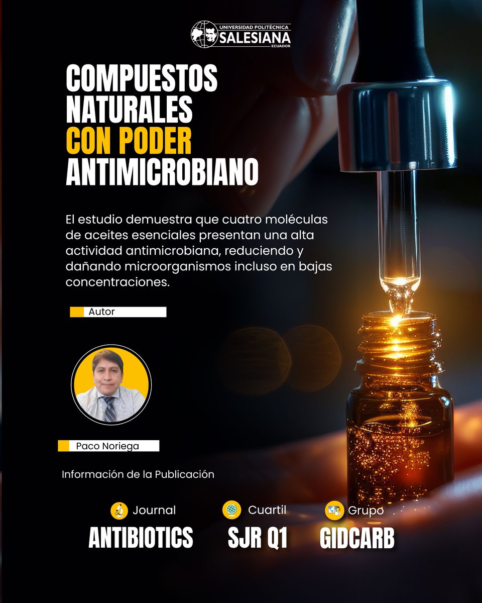 EcosistemaUps's tweet photo. 🧪🌿 Investigadores de la #UPS analizan el potencial antimicrobiano del timol, citral y otros compuestos de aceites esenciales. El estudio demuestra cómo estas moléculas dañan la membrana de bacterias y levaduras. 🔬
📖 Lee el artículo: https://t.co/wHi7KvCTf3

#InvestigaciónUPS https://t.co/ZVT11YuZlF