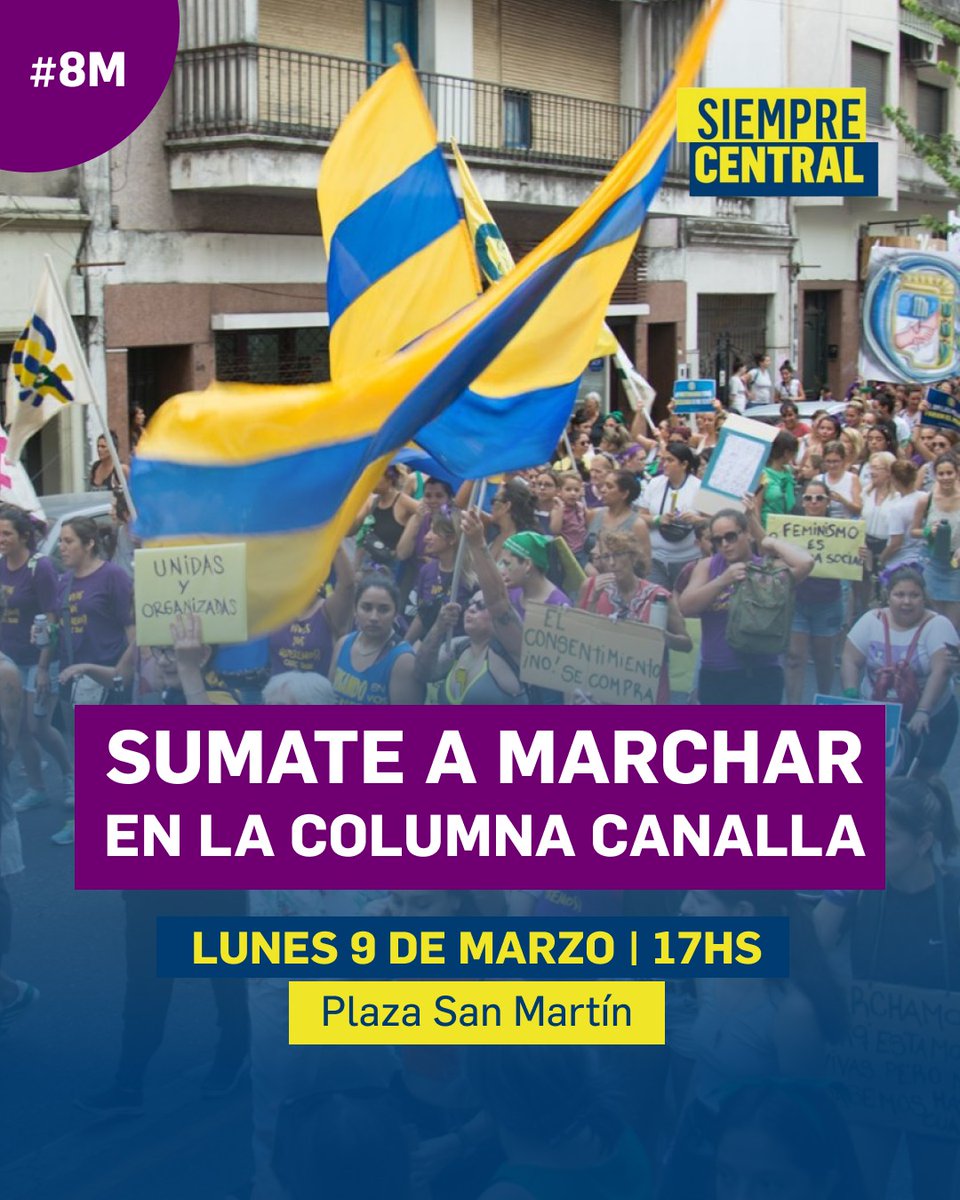 ✊🏽🇺🇦 Sumate a marchar con #SiempreCentral y agrupaciones canallas 😁 

Nos encontramos el lunes 9 de marzo en la plaza San Martín y vamos hasta el Parque Nacional a la Bandera.

⏰ Concentración: 17hs | Marchamos: 17:30hs

🇺🇦 Vení con camiseta, banderas y carteles.

#NiUnaMenos