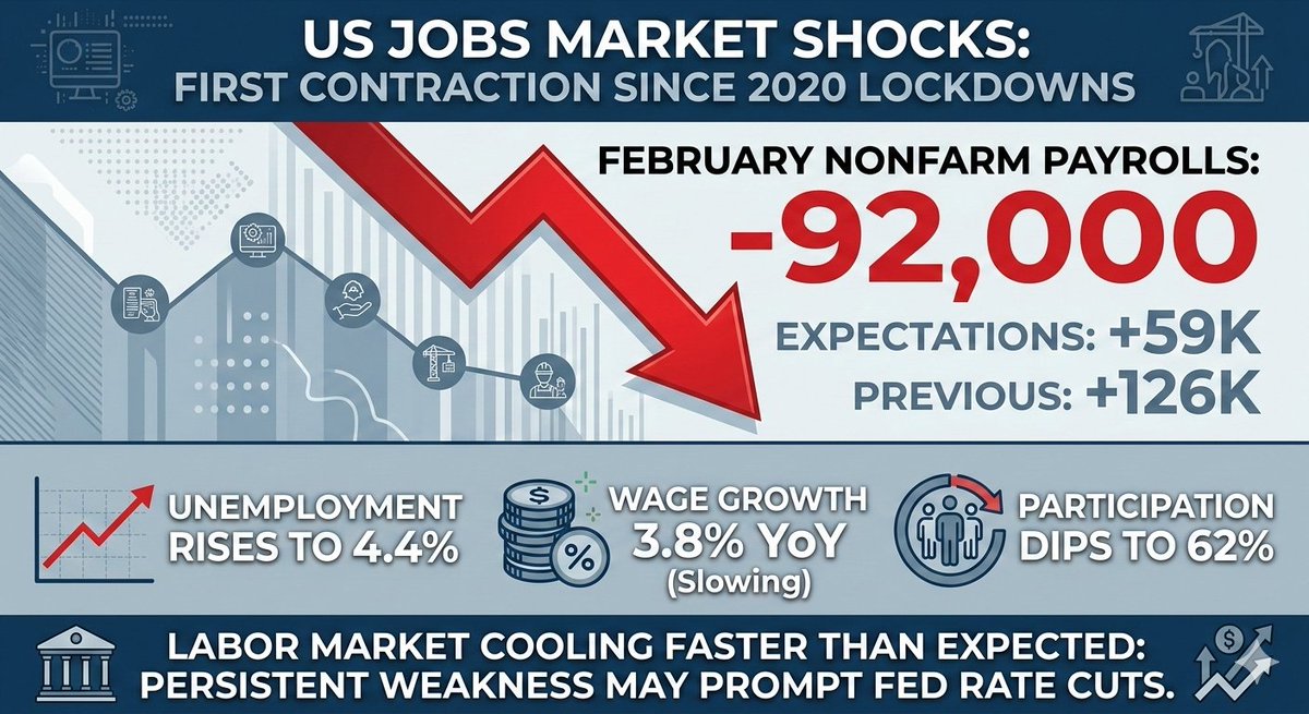 Doracenta's tweet photo. 🚨 US jobs just shocked the market

February Nonfarm Payrolls: –92K

Expectations: +59K
Previous: +126K

That’s the first contraction since the 2020 lockdown era.

Other key signals: 
•Unemployment rises to 4.4%
• Wage growth 3.8% YoY
• Labour participation dips to 62% https://t.co/Yj8RO3Q9r7