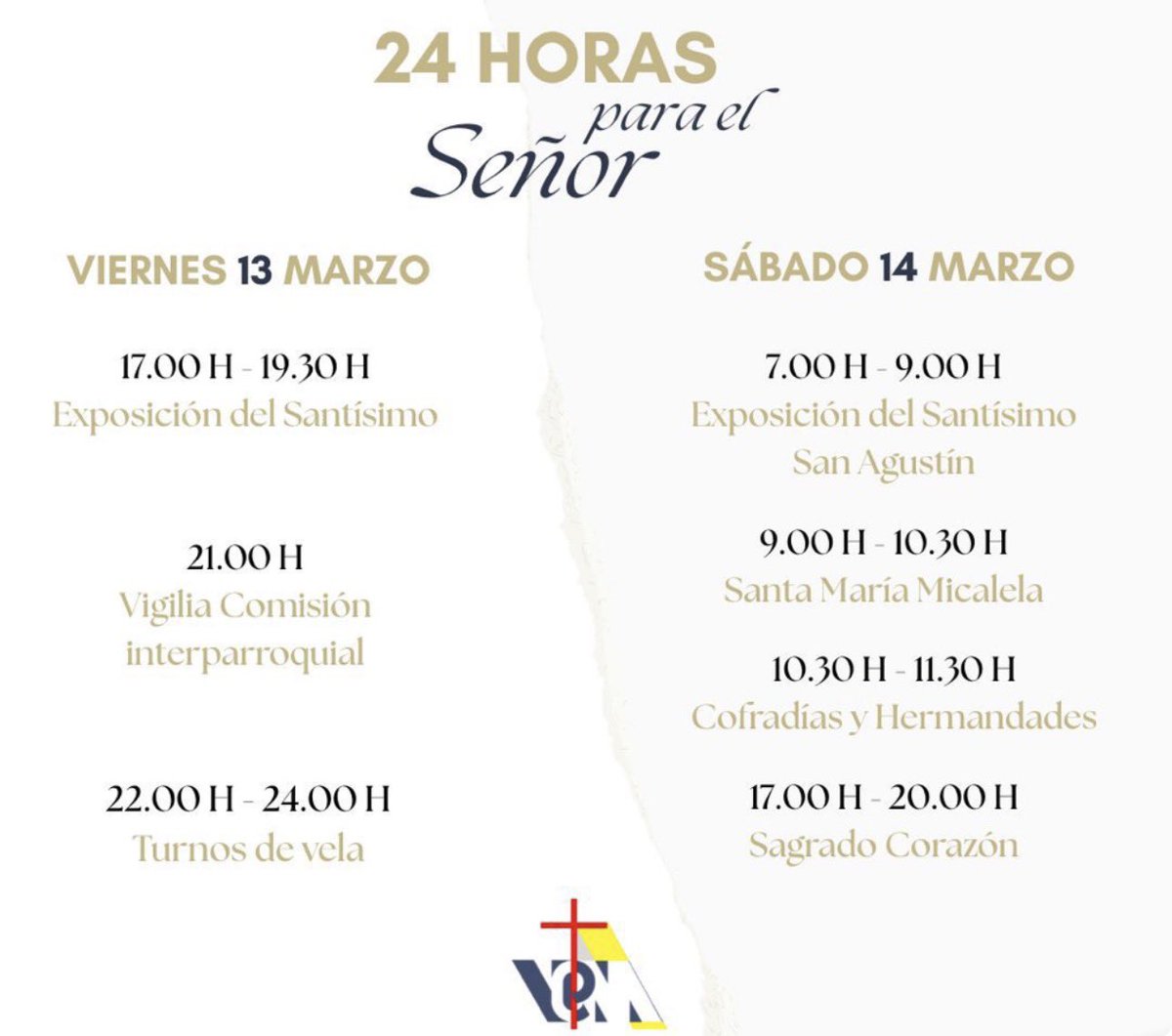 VIGILIA I Animamos a todos nuestros hermanos cofrades a participar en las 24h con el Señor. 
dará comienzo el viernes a las 17:00h hasta el sábado a las 20:00h.
Teniendo nuestra hora el sábado 14 a las 10:30h.
Acude a su encuentro,silencia tu corazón para escuchar la voz De Dios.
