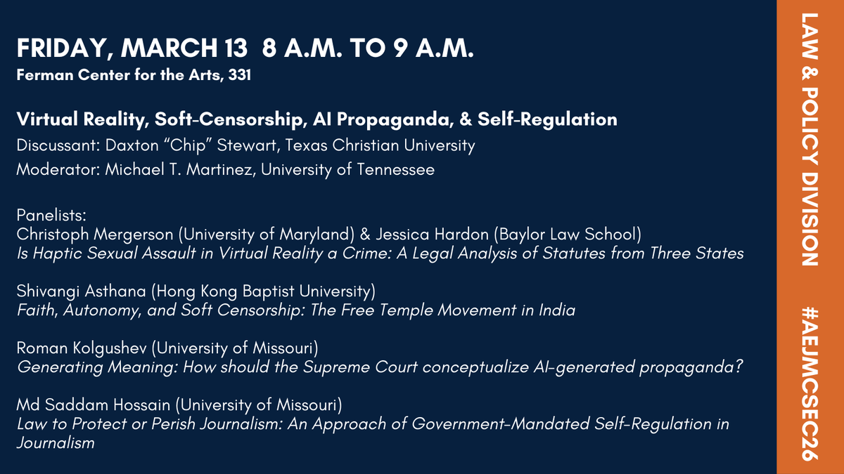 AEJMC_LAWP's tweet photo. #oneweek until #AEJMCSEC26 Join the L&P Division for this panel on a variety of topics in the community right now. https://t.co/FEacCwONqy