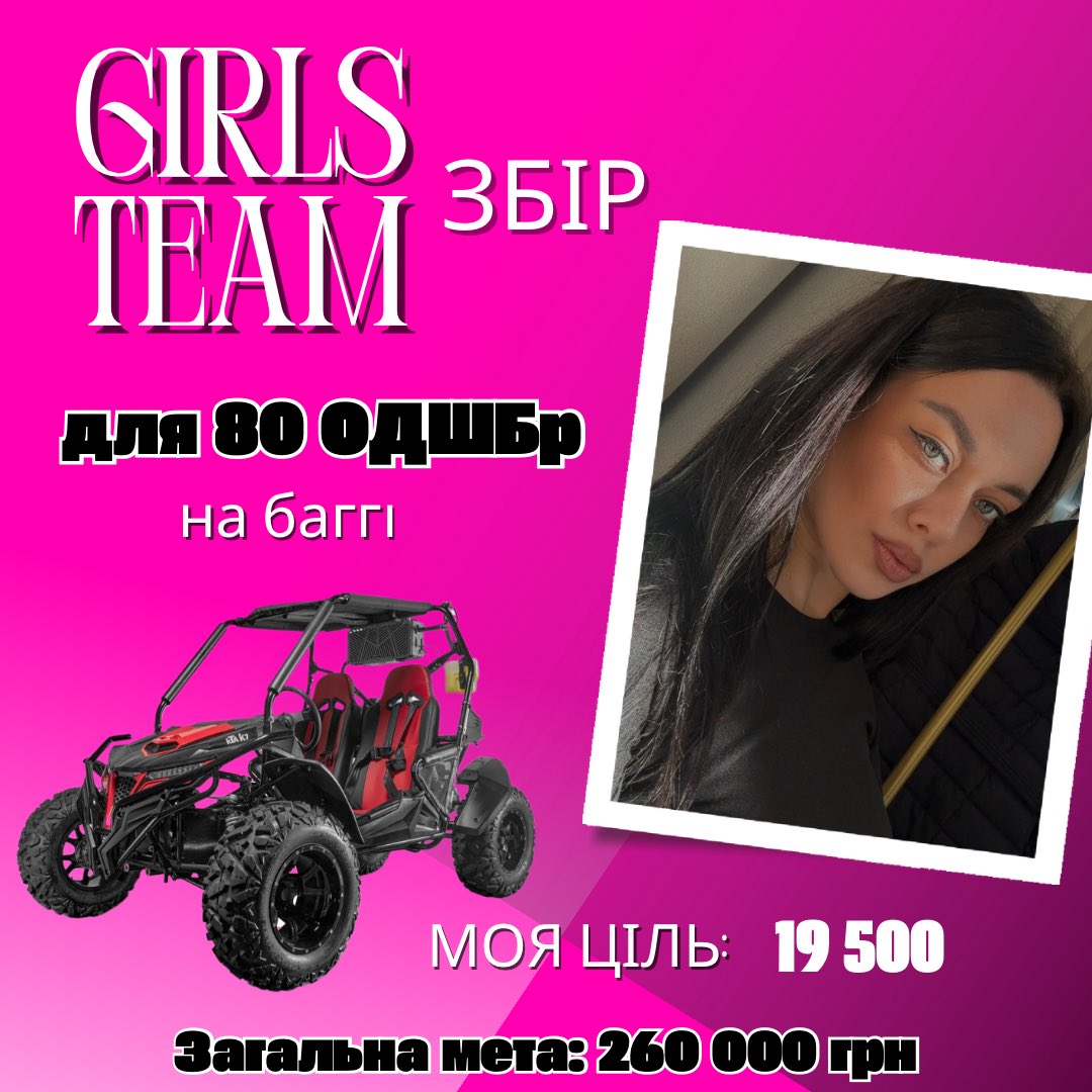 GIRLS TEAM ЗБІР💞
на баггі 
для 80 ОДШБр
📍Сумський напрямок 

Моя мета: 
Загальна ціль: 260 000 грн 

PayPal: girlsstteam@gmail.com

send.monobank.ua/jar/AH65yX1fFo