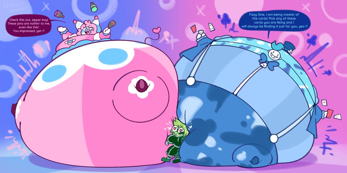 lifelinelemons's tweet photo. joint confection for @Vastebottom and @circusmatt who wanted lapis and penelope to both try to earn matt's attention through silly circus tricks and sheer inflation https://t.co/Ry44bn46MZ