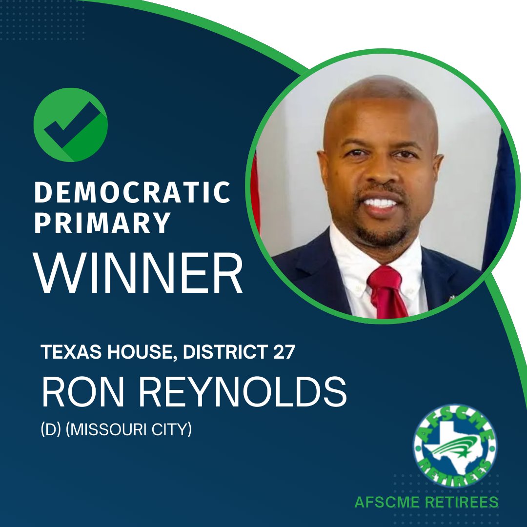 AFSCME_retirees's tweet photo. Congratulations to our endorsed candidates who won their primary elections:

@ronereynolds 
@PoojaforTexas 
@DoctorLalani 
@RepCWJ 

AFSCME Texas Retirees is proud to support and work with leaders who value public service and the protections of Texas retirees. #txlege #AFSCME https://t.co/W0BMkw061Z