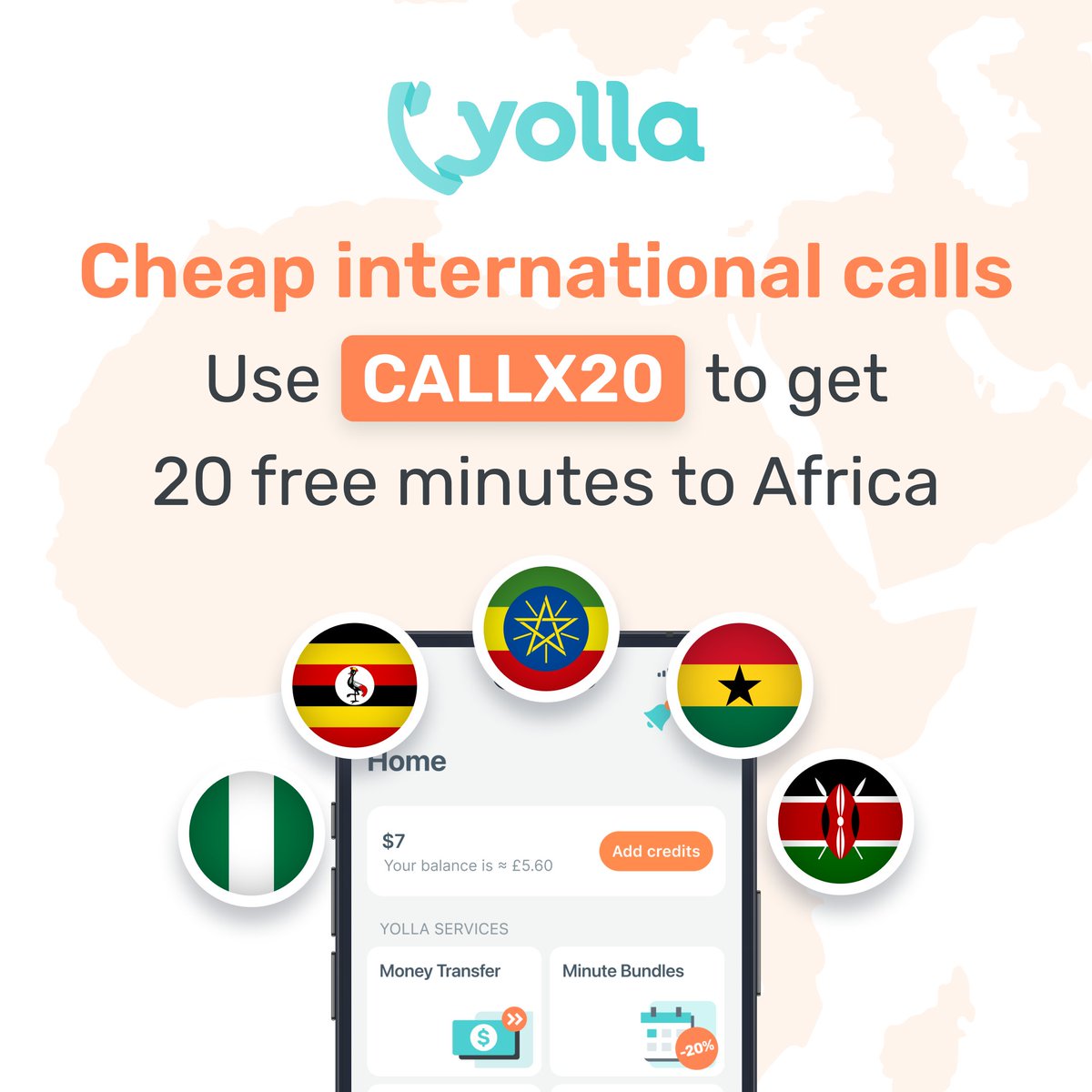 Got relatives in Africa that don’t use apps? Need to call a landline abroad?
Yolla lets you call any mobile or landline worldwide - with cheap rates and clear quality
🎁 Download the app and use code “CALLX20” to get 20 free minutes to Africa: yolla.im/tw/n/CALLX20/ #Africacalls