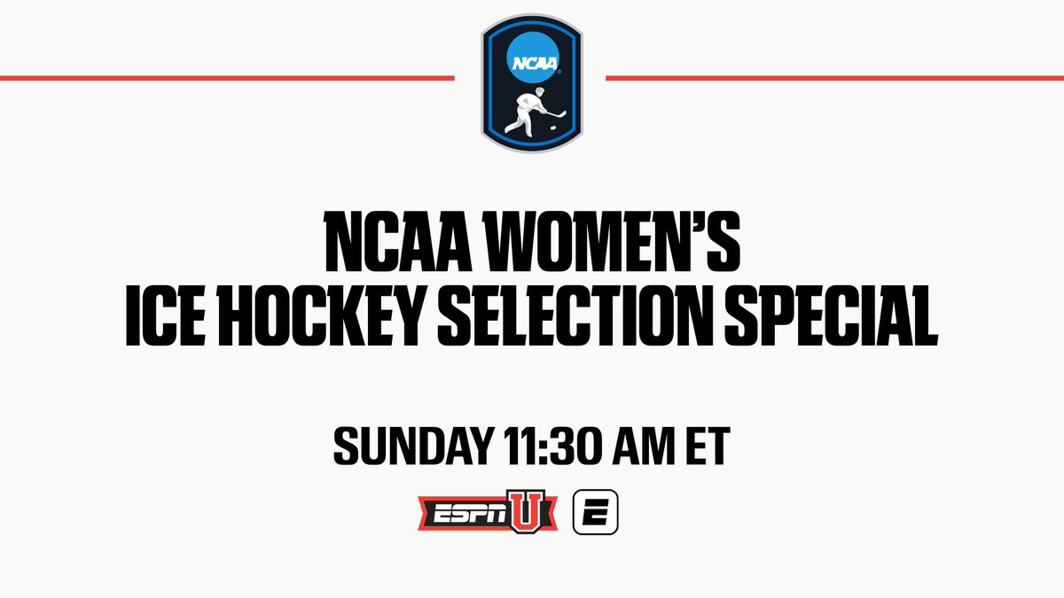 ESPNPR's tweet photo. Sunday, Regional brackets will be set during the NCAA Women's Ice Hockey Selection Special

🏒 11:30a ET | ESPNU, ESPN App
🎙️ @NatalieNoury, @AngelaRuggiero, @paigecapistran 

#NCAAHockey https://t.co/nGAWQTrOfU