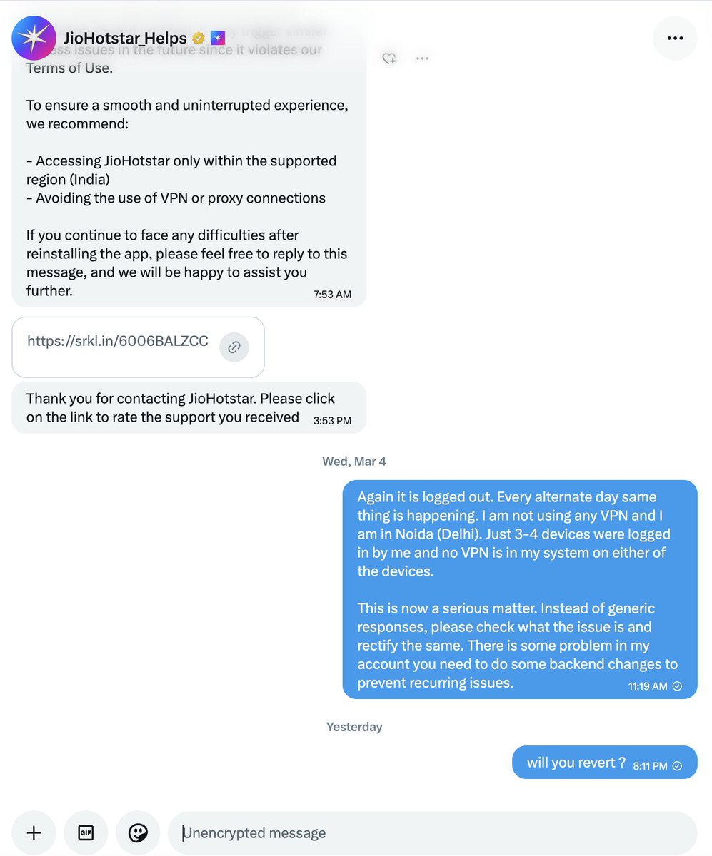 abhinav_mnavy's tweet photo. This is how JioHotstar helps @JioHotstar @hotstar_helps by blocking my account every alternate day citing that I am using this account outside India or using VPN. I don't remember I have even been out of India. Cheap tactics to reduce server load. https://t.co/6lZOCMR4cW