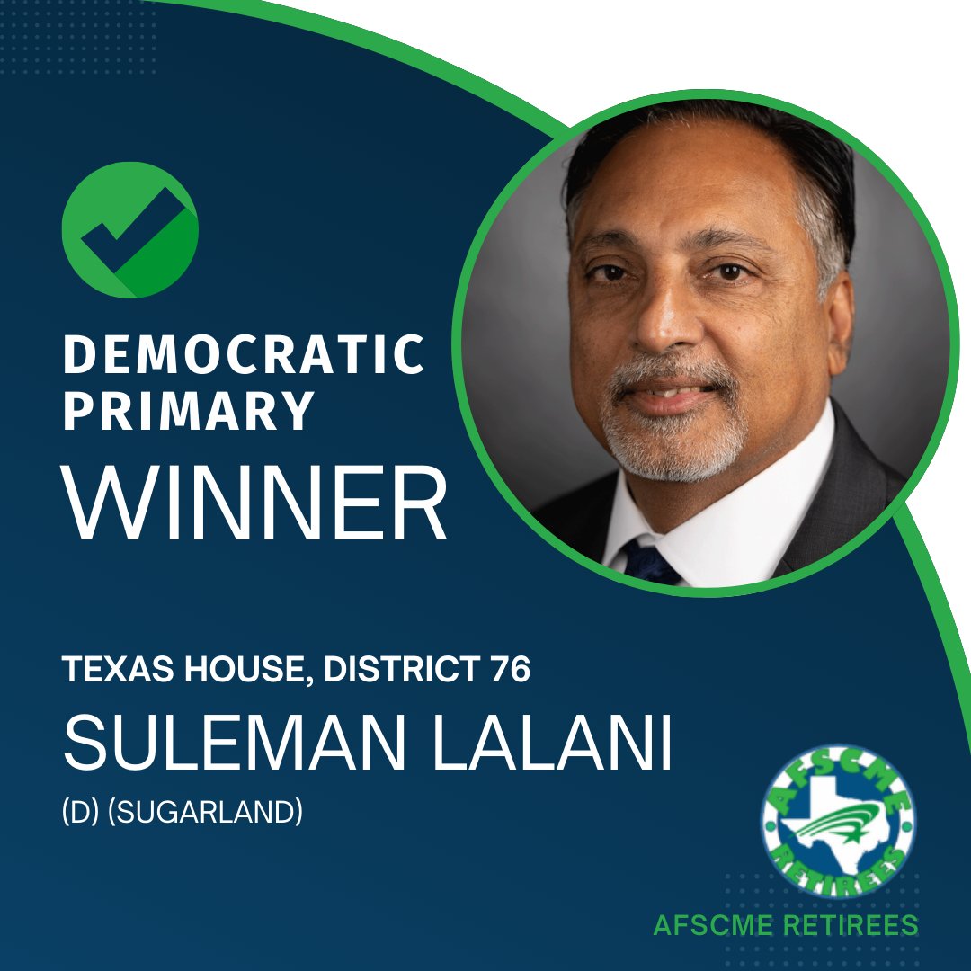 AFSCME_retirees's tweet photo. Congratulations to our endorsed candidates who won their primary elections:

@ronereynolds 
@PoojaforTexas 
@DoctorLalani 
@RepCWJ 

AFSCME Texas Retirees is proud to support and work with leaders who value public service and the protections of Texas retirees. #txlege #AFSCME https://t.co/W0BMkw061Z