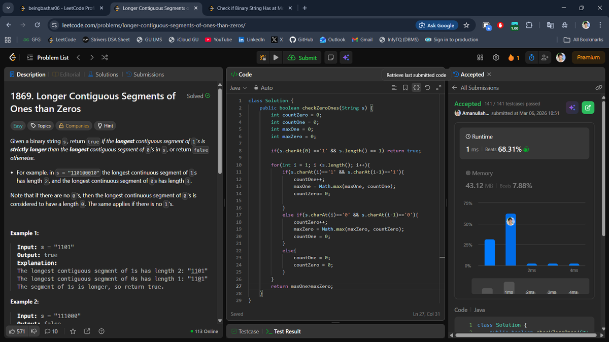 beingbashar06's tweet photo. #Day79 of #100DaysOfCodeChallenge

Binary string pattern problems today.

• Check if Binary String Has at Most One Segment of Ones
• Longer Contiguous Segments of Ones than Zeros

Day 79 done ✅

#100DaysOfCode #LeetCode #DSA #Strings #Java #ProblemSolving https://t.co/jXqnViw6fU