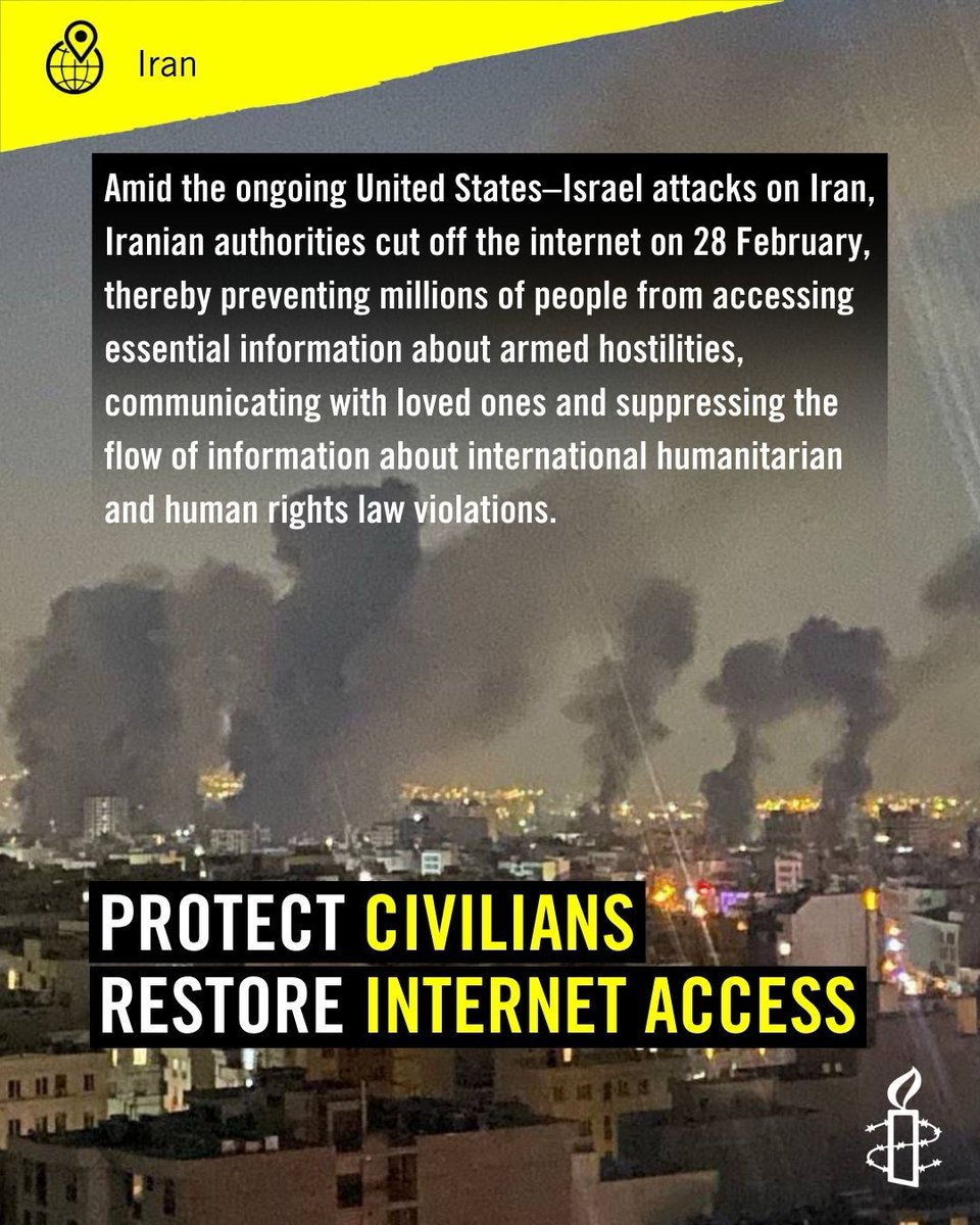 AmnestyMENA's tweet photo. #Iran: Amid the ongoing US–Israel attacks on Iran, Iran's authorities cut off the internet on 28 Feb, thereby preventing millions from accessing essential information, communicating with loved ones & suppressing information about international humanitarian & human rights law violations.