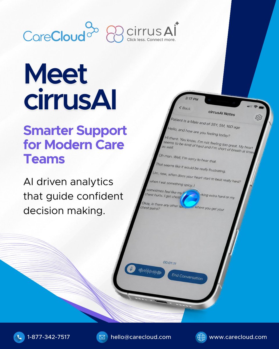 CareCloud's tweet image. Less admin. More patient focus.

CirrusAI delivers AI powered insights and workflow support that helps your team move faster and work smarter.

Explore cirrusAI: hubs.li/Q045TkQf0

#CareCloud #cirrusAI #DigitalHealth #ClinicalInnovation