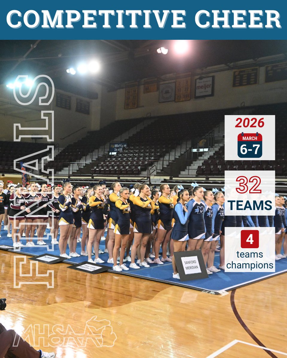 MHSAA's tweet photo. 📣32 teams take the mat over 2 days, all aiming for the top. By the end, four team champions will be crowned.
Leave it all on the floor.🔥
👀 Preview: Familiar Favorites, New Challengers Sure to Energize Competitive Cheer Finals >> https://t.co/DT56ep6l4Y
#CompetitiveCheer #MHSAA https://t.co/jdj6yWJIgP