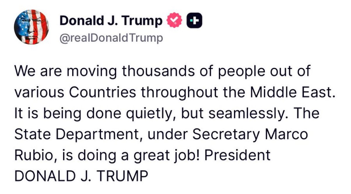 AlertaMundoNews's tweet photo. 🇺🇸 | El presidente Donald Trump declaró:

“Estamos trasladando a miles de personas de varios países de Oriente Medio. Se está haciendo de forma discreta, pero sin contratiempos. El Departamento de Estado, bajo la dirección del secretario Marco Rubio, está haciendo un trabajo excelente.”