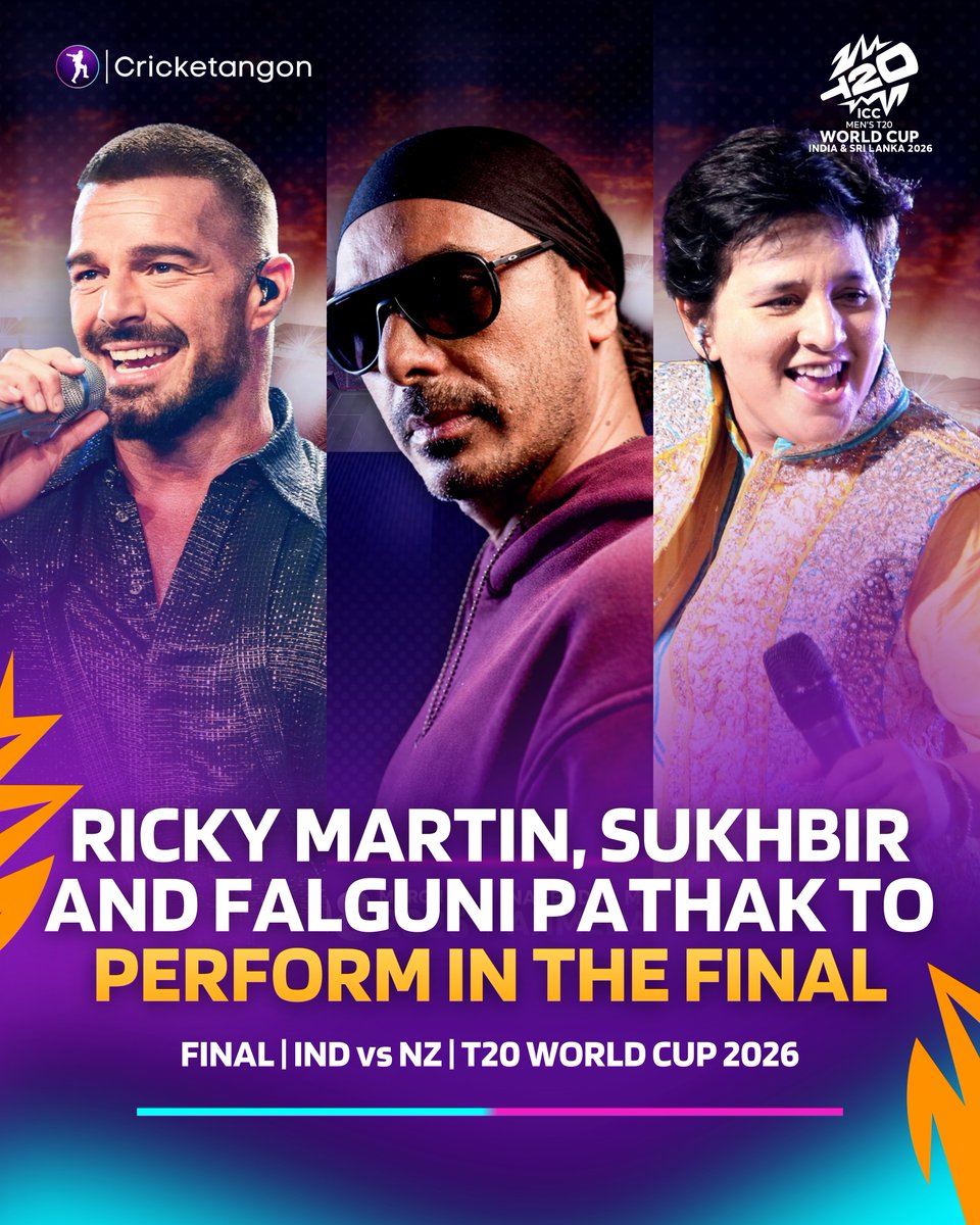 cricketangon's tweet photo. Ricky Martin, Sukhbir, and Falguni Pathak to light up the stage at the T20 World Cup 2026 final 🎶🎉

#T20WorldCup | #INDvENG https://t.co/moIb5hHwgv