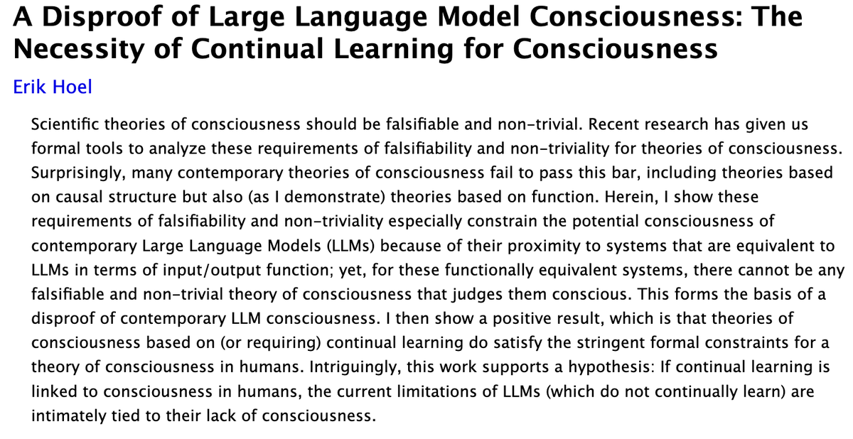 Remember that you cannot take seriously LLM statements as evidence for their consciousness, for if you do, then no falsifiable and non-trivial theory of consciousness could apply to them