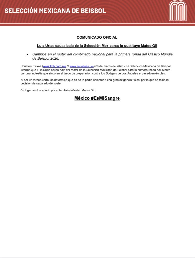 🚨DE ÚLTIMO MOMENTO🚨

Mateo Gil se une a <a href="/MexicoBeis/">Novena México 🇲🇽⚾</a> , en lugar de Luis Urías.

#Beisbol #ClásicoMundial ⚾️