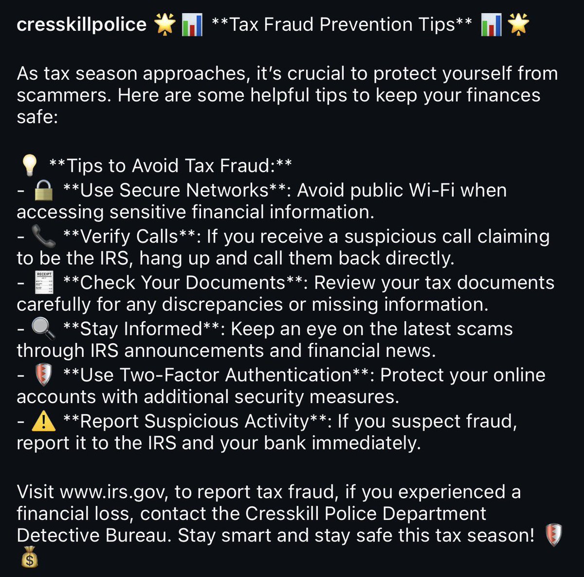 Tax Season is here and we encourage everyone to use these Fraud Prevention Tips. #Cresskill #Cresskillnj #taxseason #fraudprevention