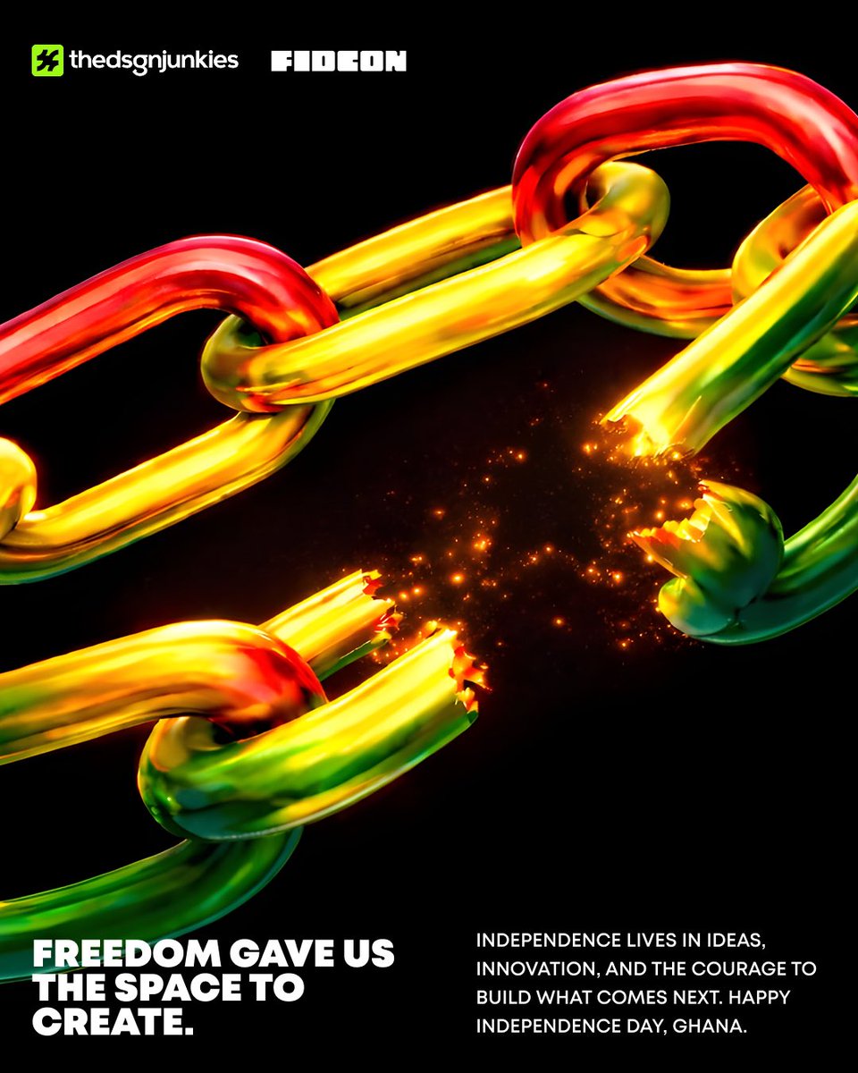 thedsgnjunkies's tweet photo. Freedom isn’t just history it’s momentum. 🇬🇭✨  
Today we celebrate the courage that broke the chains and the creativity that continues to build Ghana’s future.  

Let’s keep innovating, creating, and pushing boundaries.  

Happy Independence Day, Ghana. #FreedomToCreate #IndependenceDay