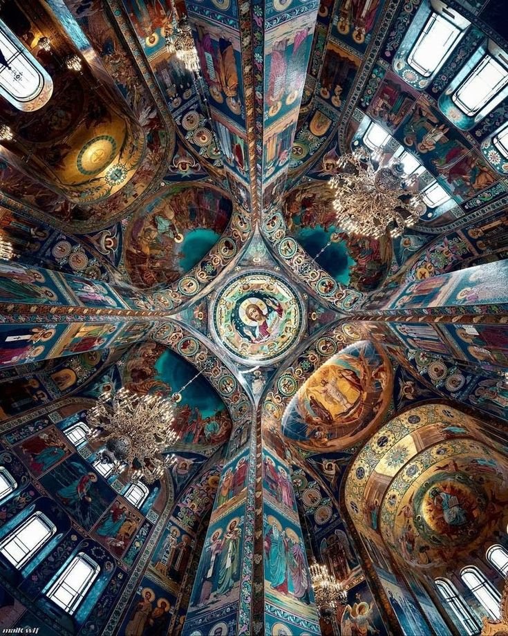 The intricate interior of the Church of the Savior on Spilled Blood in Saint Petersburg, Russia.