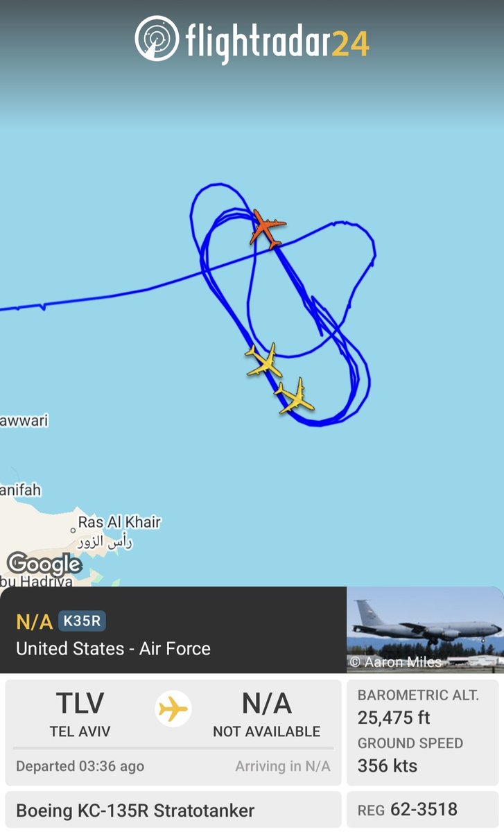 Three Boeing KC-135R Stratotanker aircraft from the United States Air Force are currently circling over the Persian Gulf after departing from Tel Aviv Airport.

These aerial refueling tankers are typically deployed to support fighter jet operations and extend mission range.
