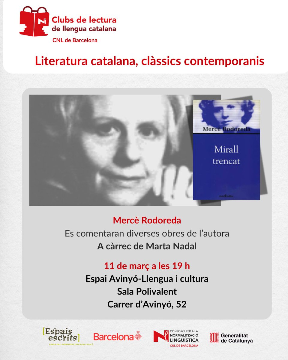 CNLBarcelona's tweet photo. Vine a conèixer i comentar l'obra de Mercè Rodoreda. Sessió a càrrec de Marta Nadal, experta en l'obra de l'autora catalana.

Aforament limitat sense reserva de plaça.

📆11 de març a les 19 h
📍Espai Avinyó - Llengua i Cultura. Sala Polivalent. C. d'Avinyó, 52

@espaisescrits https://t.co/zz0kCsmNWN