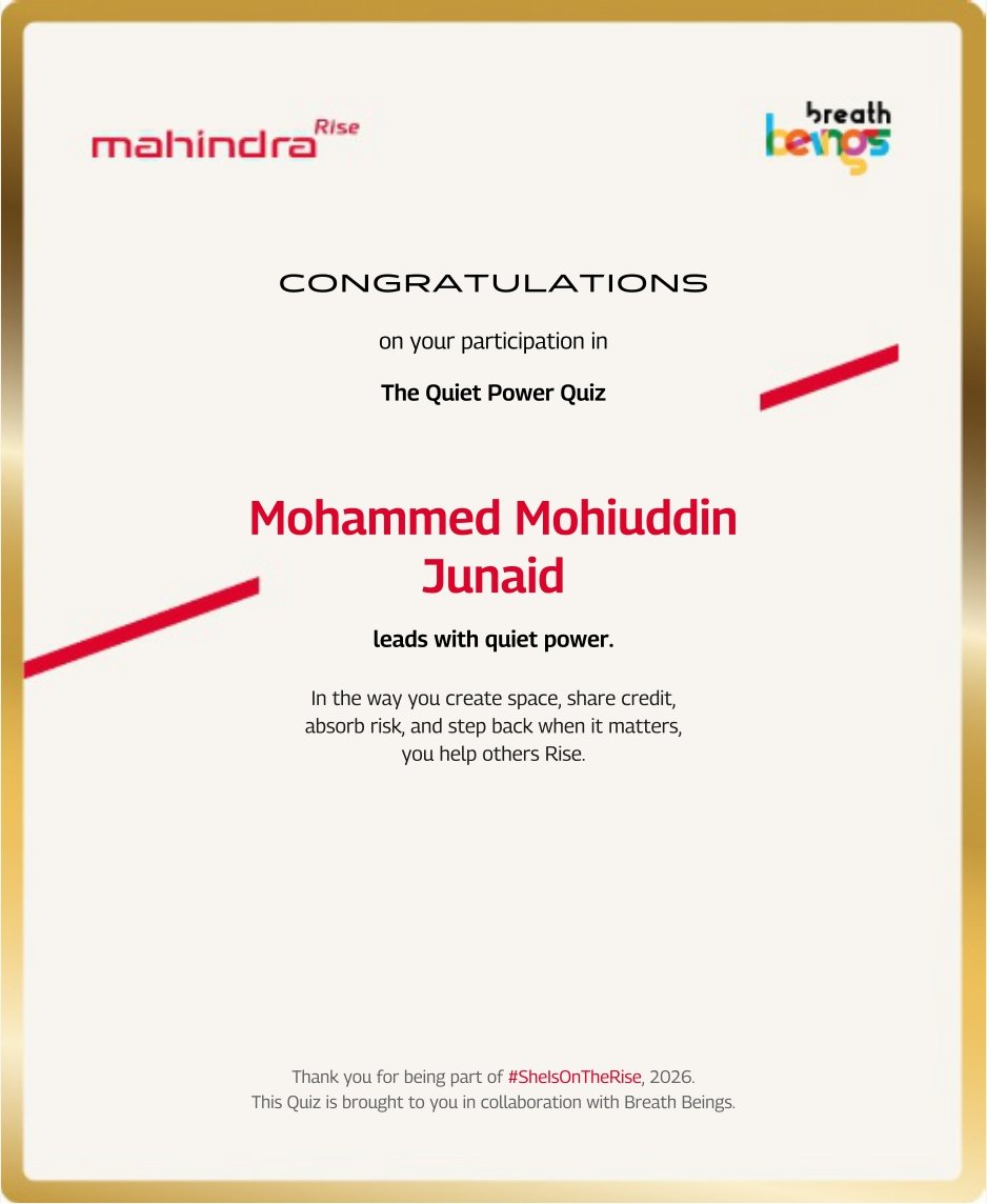 Mohd_junaid_78's tweet image. Proud to participate in the Quiet Power Quiz by Mahindra Rise.
Leadership isn’t always loud — sometimes the strongest leaders lead with humility and create space for others to rise. 🚀
#QuietPower #Leadership