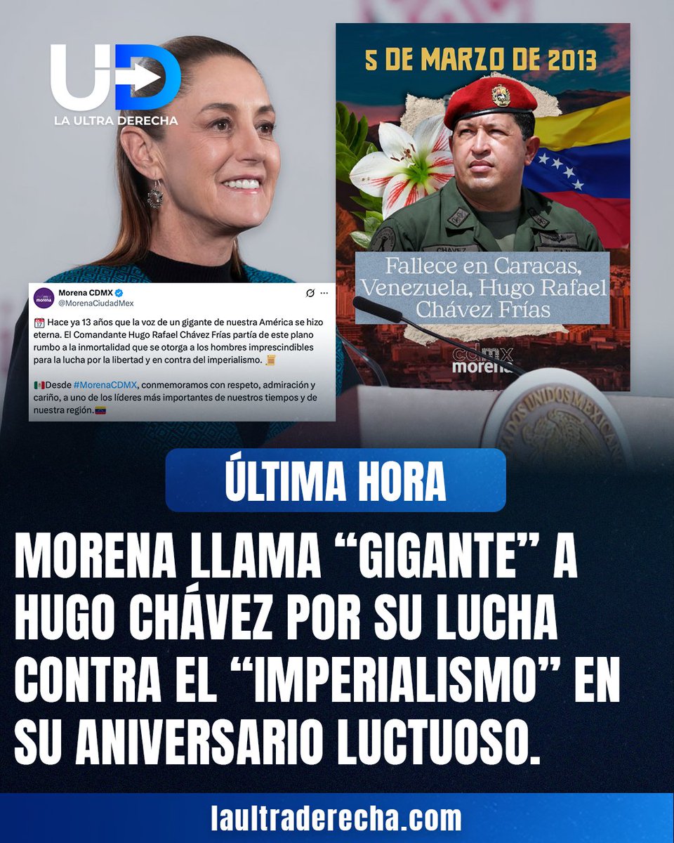 🚨|🇻🇪¡URGENTE! El partido MORENA en la Ciudad de México, a través de la cuenta oficial de su Comité Ejecutivo estatal, reconoció el aniversario luctuoso de Hugo Chávez y lo llamó “un gigante de nuestra América”, expresando además su solidaridad absoluta con el pueblo bolivariano