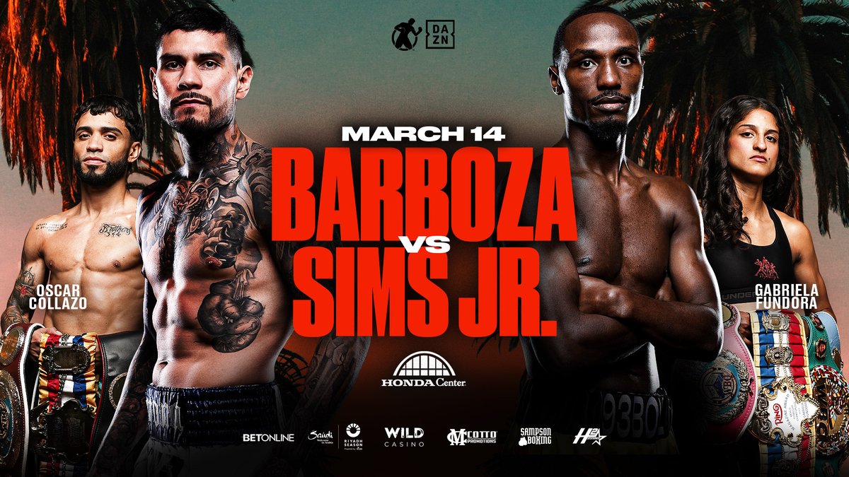 Power106LA's tweet photo. Arnold Barboza Jr. takes on Kenneth “Bossman” Sims Jr. in a high-stakes Welterweight showdown at the Honda Center!
DATE: 3/14/26
 TIME: Doors open at 2:15 PM 
🎟 Tickets at https://t.co/4JWuc4Pe5F
@GoldenBoyBoxing @OscarDeLaHoya @jrBarbozaArnold  @KennethSimsJr https://t.co/bm3ONElutv