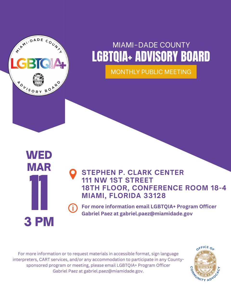 EngagementMDC's tweet photo. We’re excited to invite you to our Monthly Miami-Dade County LGBTQIA+ Advisory Board meeting to connect, support each other, &amp; discuss important topics affecting our community. #miamidade #CommunityAdvocacy #LGBTQIA+ @lgbtqia_mdc https://t.co/1oAjLoCOnZ