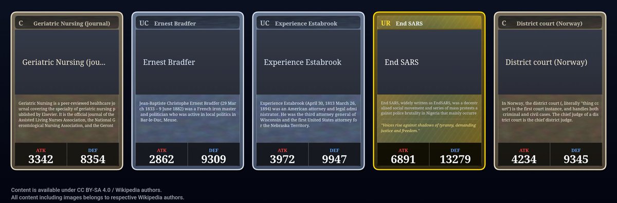 Pulled Nigerian police violence in Wikigacha 😭😭😭

⬜[C] Geriatric Nursing (journal)
⬜[UC] Ernest Bradfer
⬜[UC] Experience Estabrook
🟨[UR] End SARS ATK 6891 / DEF 13279
⬜[C] District court (Norway)

wikigacha.com
Source: Wikipedia (CC BY-SA 4.0)
#WikipediaGacha