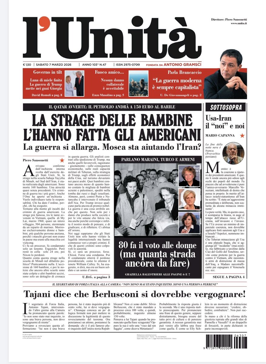 SansonettiUnita's tweet image. 📰 La prima pagina dell’#Unità del #7marzo

Abbonati subito: bit.ly/ABBONATI-SUBITO