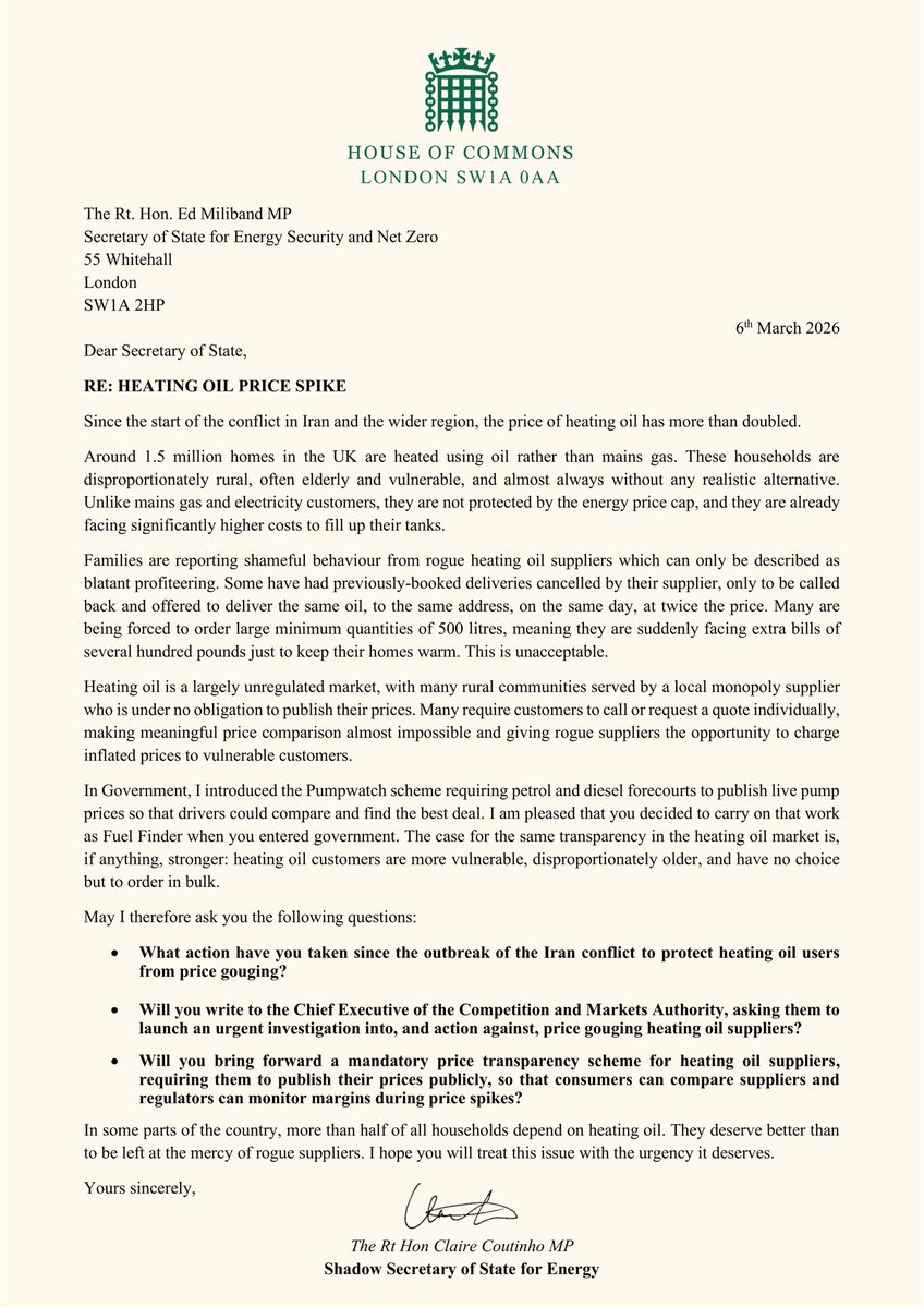 Heating oil suppliers are using the war in Iran to rip off families in rural communities.

Ed Miliband needs to get a grip on price gouging by suppliers who are taking advantage of vulnerable families.

My letter to Ed Miliband👇🏾