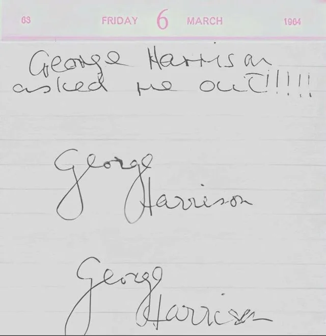 RODRICKSRULE's tweet photo. pattie boyd's diary entry after filming a hard day's night (1964), dated for friday, march 6 in 1964.

"George Harrison asked me out!!!!!" https://t.co/AyqW7Tni5I