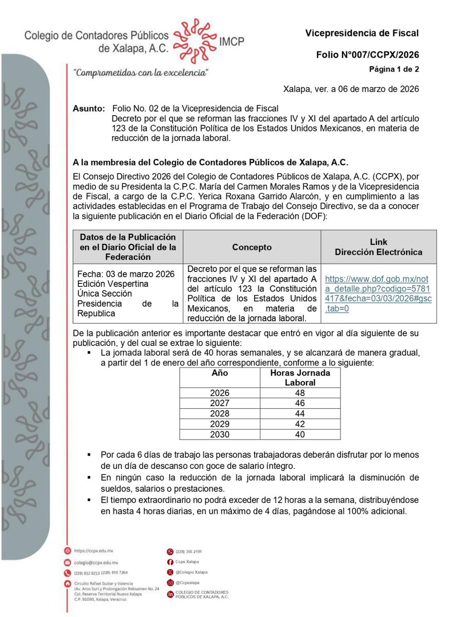 ColegioXalapa's tweet photo. #Folio No.: 007/CCPX/2026
Asunto: Folio No. 02 de la Vicepresidencia de Fiscal.
Decreto por el que se reforman las fracciones IV y XI del apartado A del artículo 123 de la Constitución Política de los Estados Unidos Mexicanos, en materia de reducción de la jornada laboral.
#CCPX https://t.co/Do4qCrKy9y