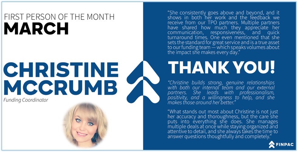 Finpacleasing's tweet photo. Congratulations to Christine McCrumb, our First Person of March 2026! https://t.co/O7D5WOl6s1