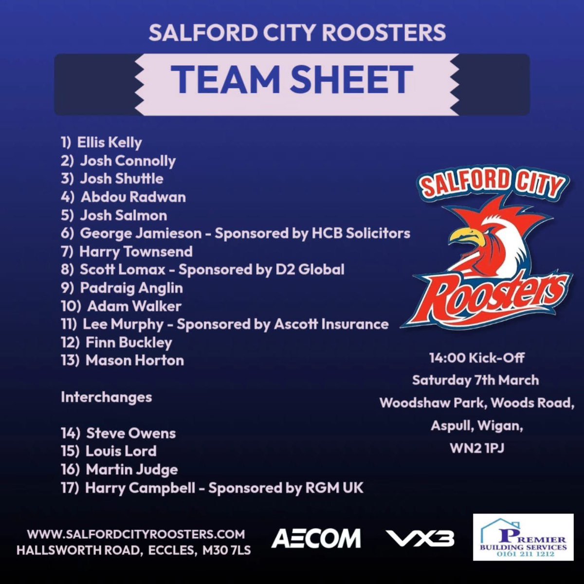 SalfordRoosters's tweet photo. A new year, a new campaign, and the first team sheet is out.  

Proud of every lad pulling on the jersey tomorrow —representing the club, the community, and everyone who backs us.

Let’s go to work, Roosters.

#salfordcityroosters #salford #manchester #Eccles #rugbyleague https://t.co/584M8plQHB