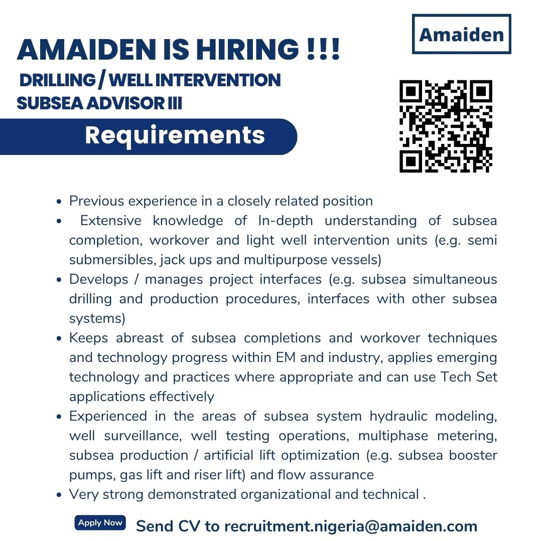 AuntyTete_Of_PH's tweet photo. Amaiden is hiring!
Job role: Drilling/Well intervention Subsea Advisor III.

Send CV with necessary documents to: recruitment.nigeria@amaiden.com 

Visit: https://t.co/WofK5HffTt 

Kindly retweet! 🙏🏻
Goodluck. https://t.co/wby8tPy2sO