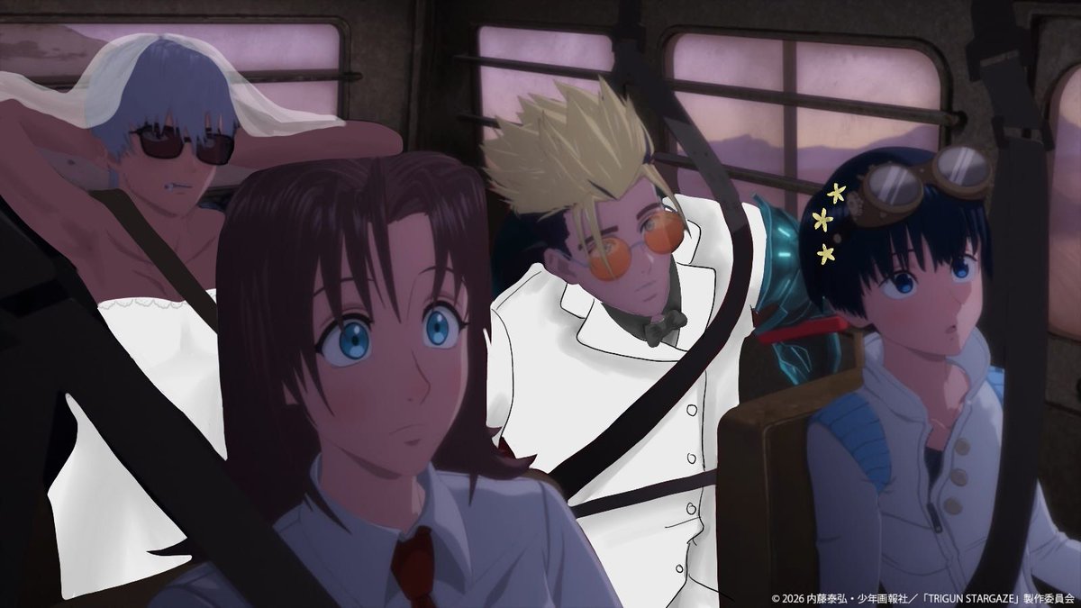 Made a joke comment to my best friend <a href="/aruruu_/">Allu 𝄫</a> about the new Trigun Stargaze promo pics that: "Oh look, next episode Vashwood couple has married and they're being transported in their wedding car". Forgot to consider that my bff is an artist so she did a thing. I'm WHEEZING. 🤣🩷