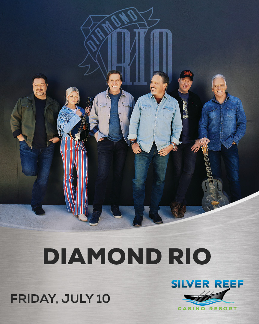 SRCResort's tweet photo. JUST ANNOUNCED: Diamond Rio is coming to The Event Center on Friday, July 10th! Relive over 30 years of hits with the Grammy winners and Grand Ole Opry icons. Tickets start at $30 and go on sale next Friday, March 13th! 🤠 #SilverReefEvents #SRCResort https://t.co/seunBNFNOE