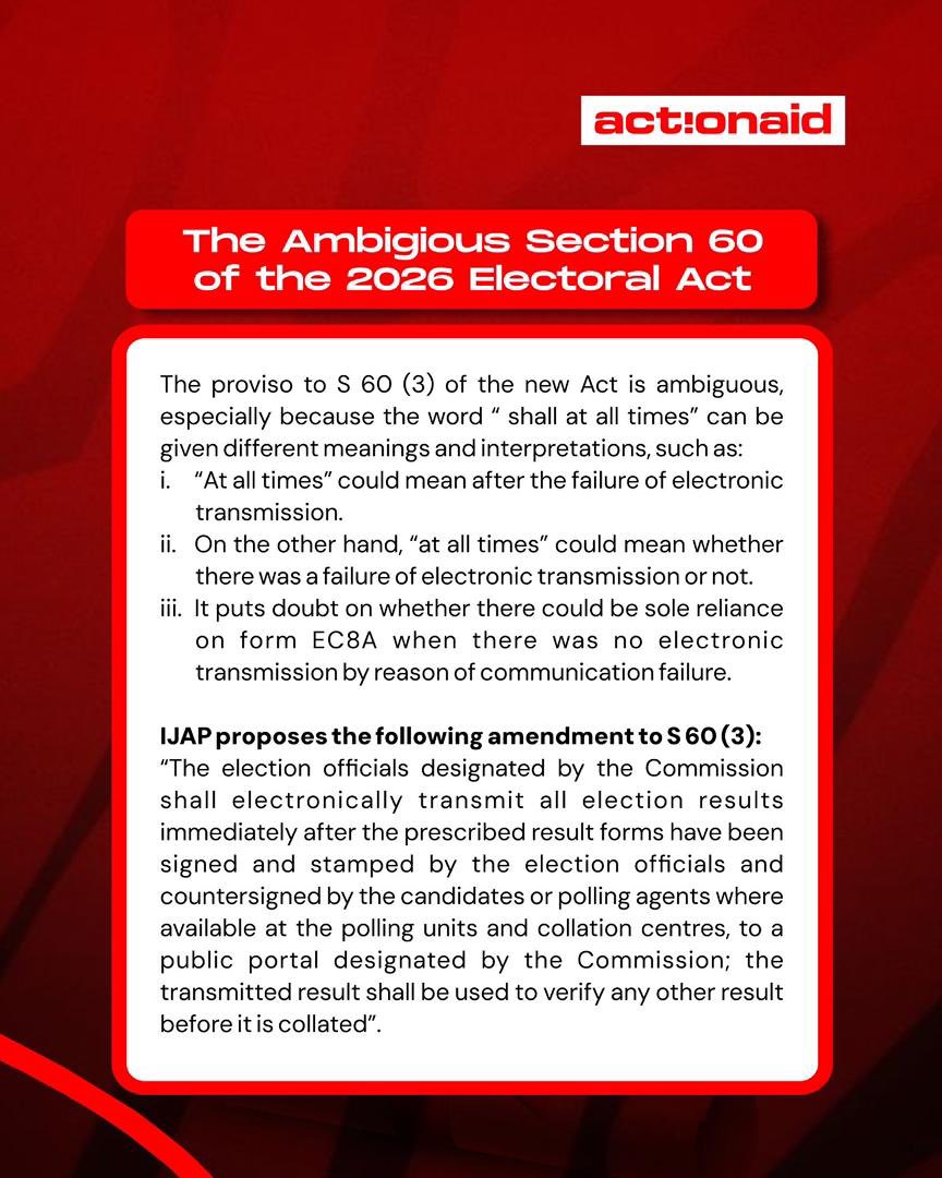 baddest_cash's tweet photo. Clarity isn't just a legal preference, it’s the foundation of election integrity. Currently, #Section60(3) of the #2026ElectoralAct is too vague, leaving room for interpretations that could undermine our ballots.
We need to close the "manual fallback" loophole. Without precise language, digital records remain vulnerable to manual overrides. The National Assembly must act now to ensure real-time electronic transmission mandatory.