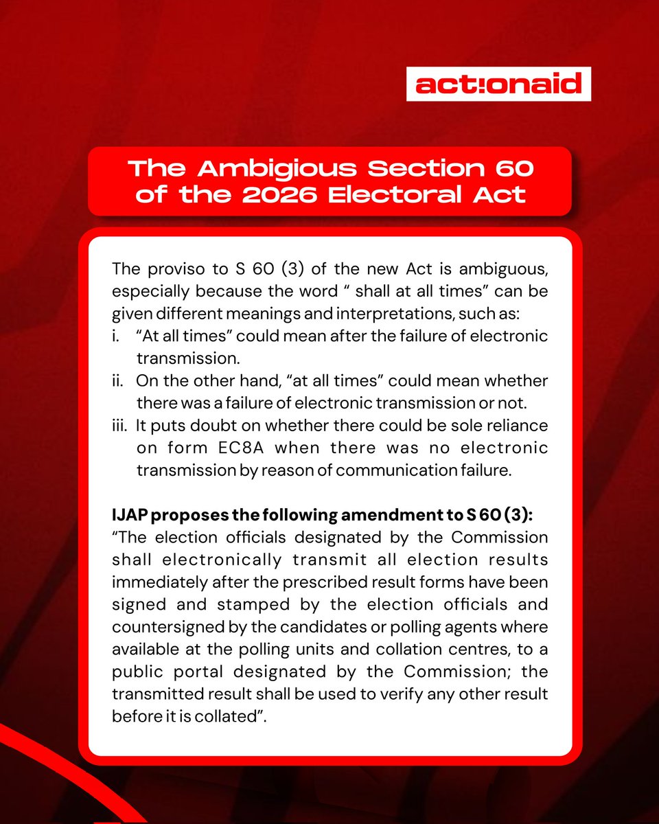 Dagreatdey4you's tweet photo. For elections to be trusted, results must be transparent from polling units to final collation. Strengthening Section 60(3) through mandatory electronic transmission is a step toward protecting the will of voters.
#Section60(3) #2026ElectoralAct https://t.co/CZvhN9Lt3t