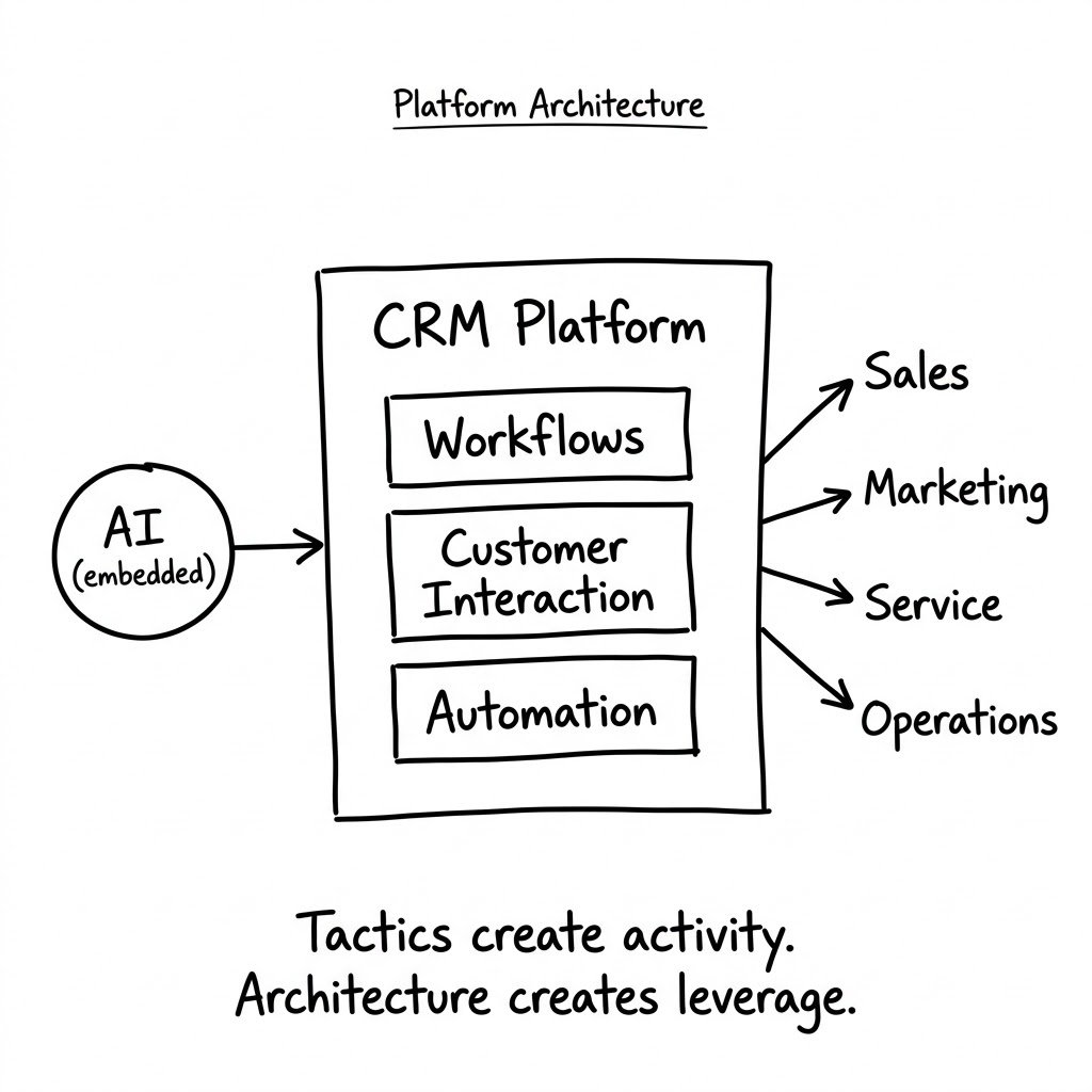 FMWaechter's tweet photo. The real value of platforms like @salesforce isn’t features.

It’s architecture.

Data
Workflows
Automation
Customer interaction

When AI sits inside the platform, the whole system becomes smarter.

Tactics create activity.
Architecture creates leverage.

#RevOps #SystemsThinking https://t.co/ZyhTYm2cRG